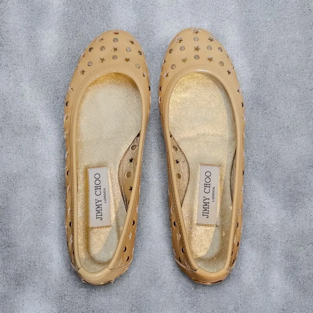 Jimmy Choo Nude Patent Leather Star Stud Ballet Flats Size 37 Made in Italy